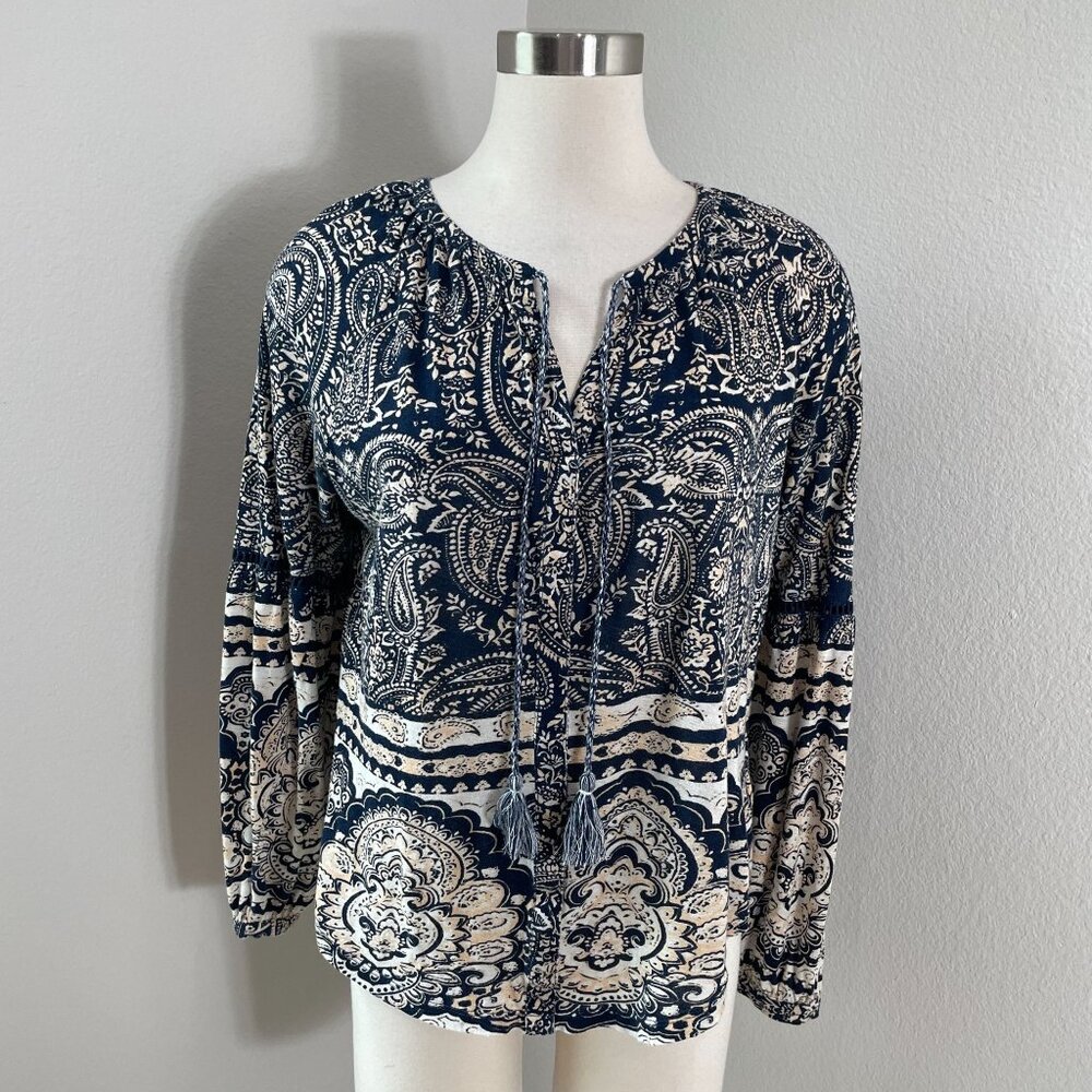 Lucky Brand Womens‎ Medium Boho Paisley Blouse Tassel Tie Shirt Top
